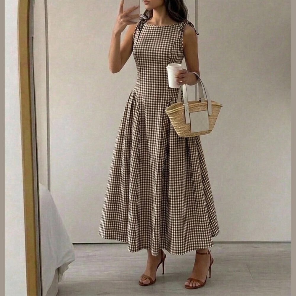 Brown Gingham Tie Shoulder Fit and Flare Midi Dress